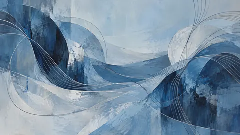 Rhythmic thin lines bending across layered fields – cool blue lyrical abstraction Frame TV art