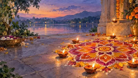 Diwali symmetrical floral rangoli beside oil lamps – elegant watercolor Frame TV art