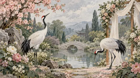 Two graceful cranes in a wedding garden – decorative gouache keepsake composition Frame TV art