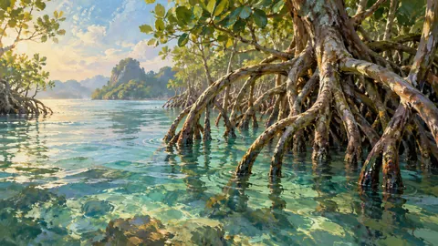 Mangrove roots above luminous water – atmospheric oil painting Frame TV art