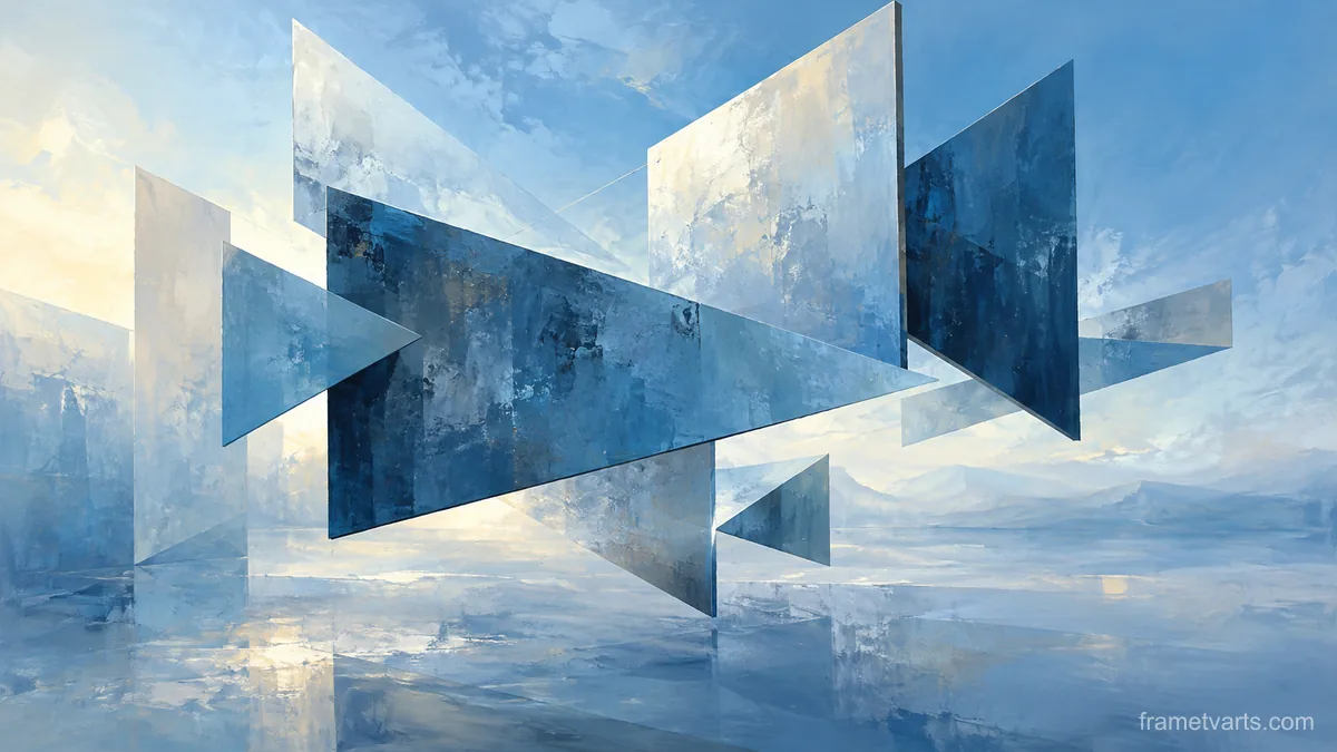 Floating angular planes with spatial tension – cool blue lyrical abstraction Samsung Frame TV art, 4K