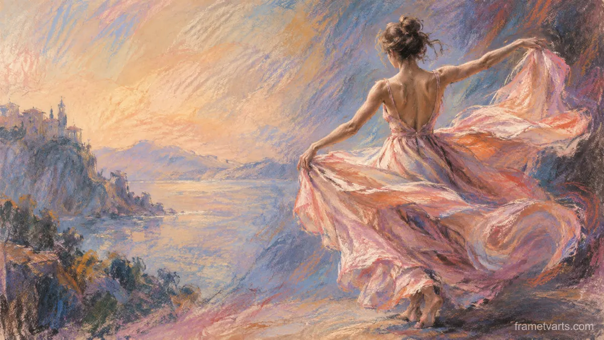 Anonymous dancer in a flowing dress seen from behind – loose pastel drawing Samsung Frame TV art, 4K
