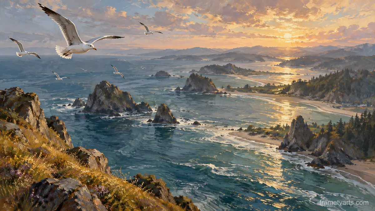 Seabirds above a sweeping coastal inlet – atmospheric oil painting Samsung Frame TV art, 4K