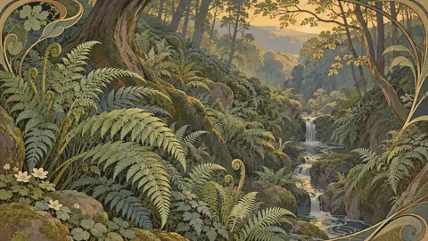 Fern fronds in a shaded woodland hollow – decorative art nouveau painting Frame TV art