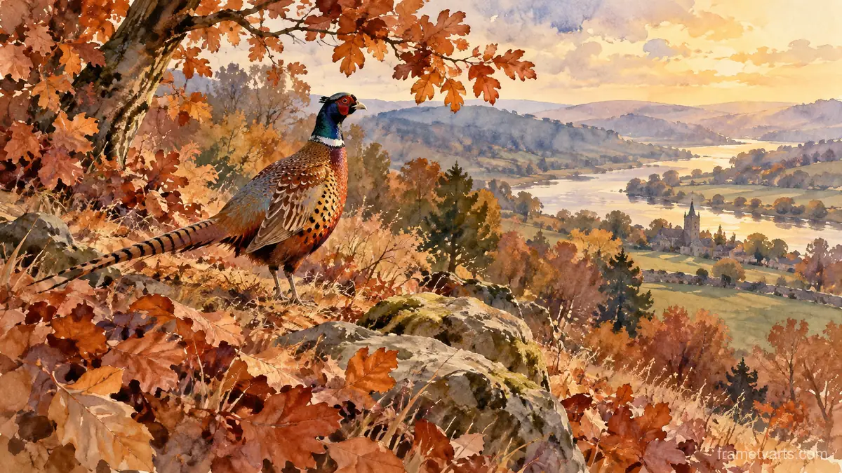 Pheasant among copper leaves – loose watercolor Samsung Frame TV art, 4K