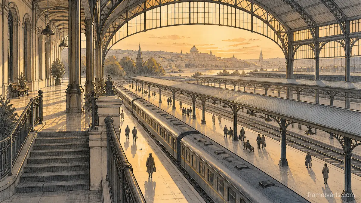 Sunlit train station platform without signage – architectural ink drawing Samsung Frame TV art, 4K