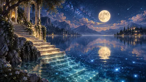 Moonlit staircase leading into a starry lake – luminous digital painting Frame TV art