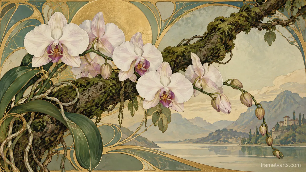 Orchid stems beside a mossy branch – decorative art nouveau painting Samsung Frame TV art, 4K