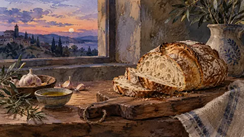 Rustic bread on a wooden cutting board – watercolor still life Frame TV art