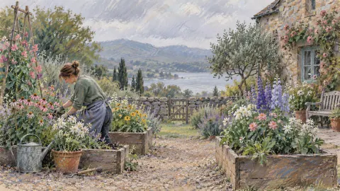 Gardener tending raised flower beds – loose pastel drawing Frame TV art