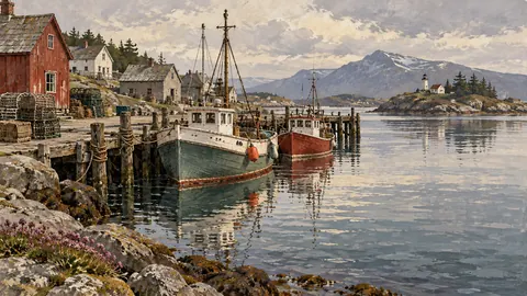 Fishing boats beside a quiet wooden jetty – vintage travel illustration without text Frame TV art