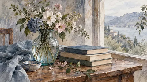 Glass vase beside stacked unmarked books – watercolor still life Frame TV art