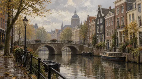 Canal houses beside a narrow stone bridge – atmospheric oil painting Frame TV art