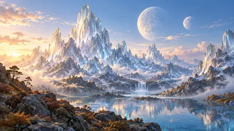 Glasslike mountain peaks below twin moons – luminous digital painting Frame TV art
