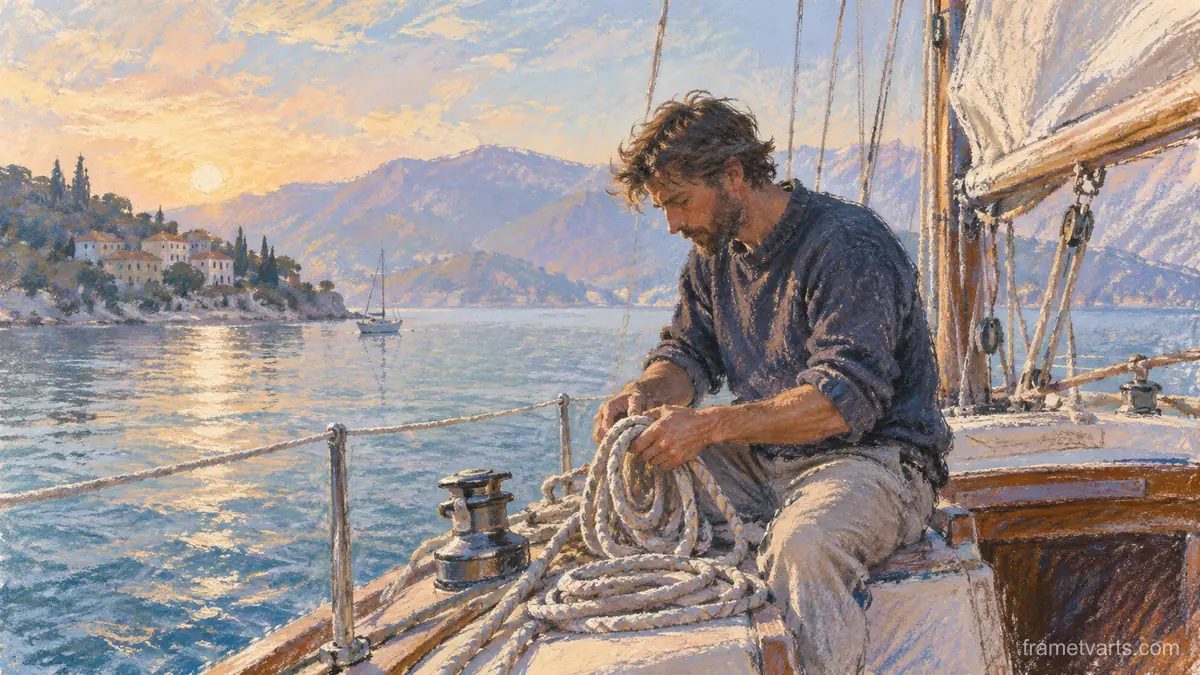 Sailor preparing ropes on a quiet boat – loose pastel drawing Samsung Frame TV art, 4K