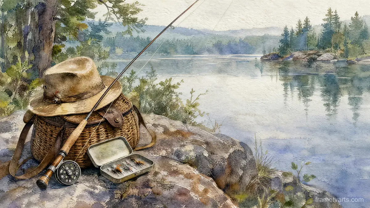 Father's Day fishing equipment beside a quiet lake – elegant watercolor Samsung Frame TV art, 4K
