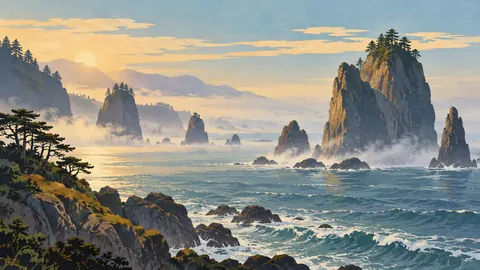 Sea stacks emerging through morning mist – vintage travel illustration without text Frame TV art