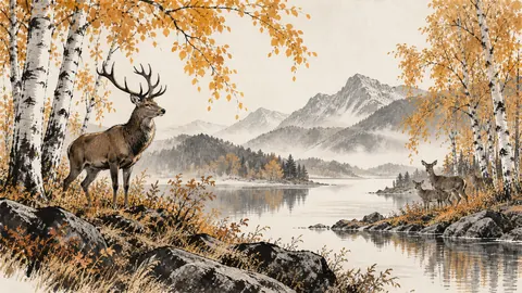 Red deer beneath autumn birches – restrained ink illustration Frame TV art
