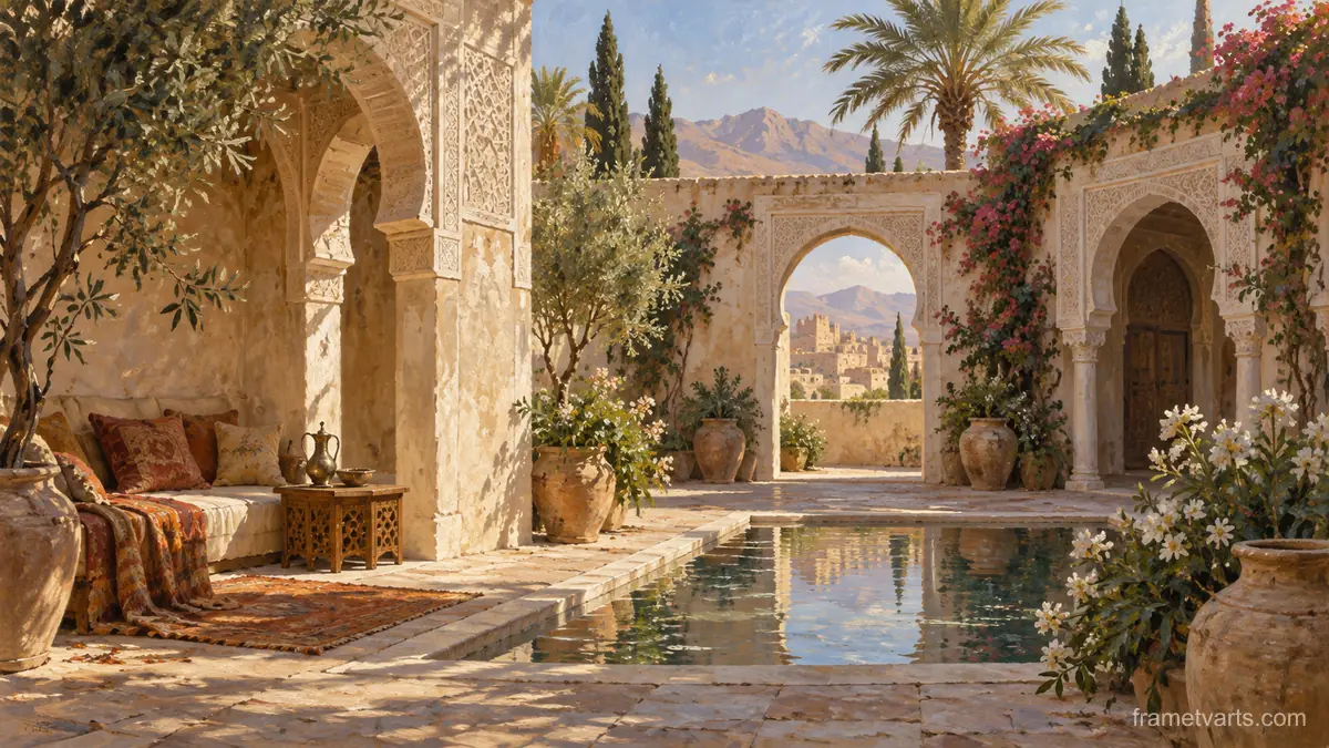Desert courtyard with carved plaster arches – atmospheric oil painting Samsung Frame TV art, 4K