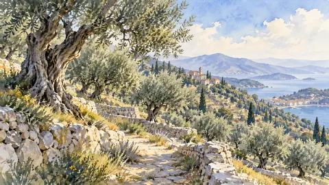 Olive grove on terraced limestone hills – loose watercolor Frame TV art