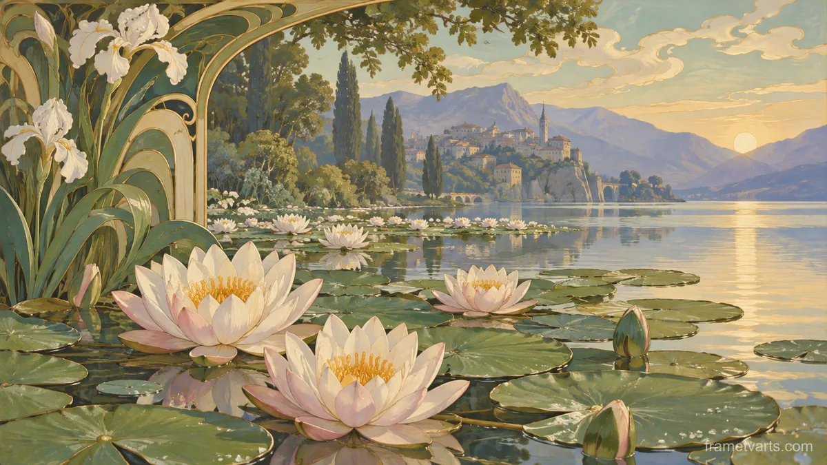Water lilies floating among broad leaves – decorative art nouveau painting Samsung Frame TV art, 4K