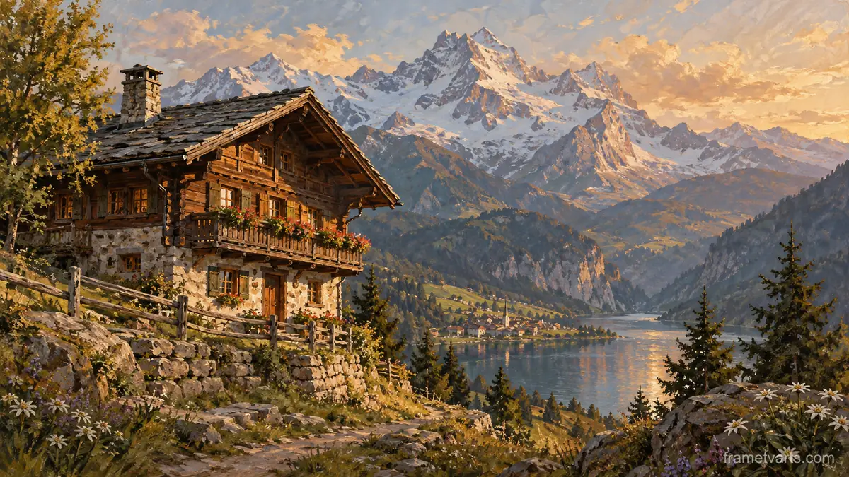 Alpine timber chalet beneath mountain peaks – atmospheric oil painting Samsung Frame TV art, 4K