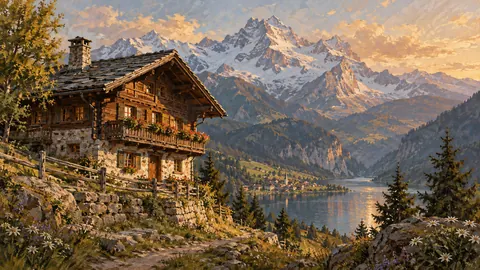 Alpine timber chalet beneath mountain peaks – atmospheric oil painting Frame TV art