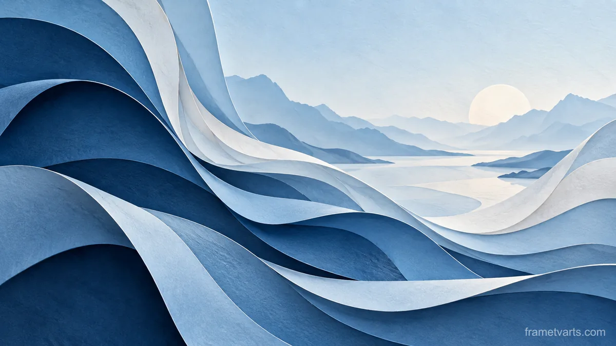 Layered paperlike curves with subtle depth – cool blue lyrical abstraction Samsung Frame TV art, 4K