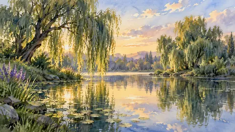Willow trees reflected in a still pond – loose watercolor Frame TV art