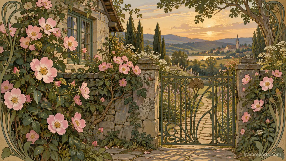 Wild roses around a cottage gate – decorative art nouveau painting Samsung Frame TV art, 4K