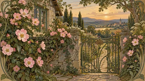 Wild roses around a cottage gate – decorative art nouveau painting Frame TV art