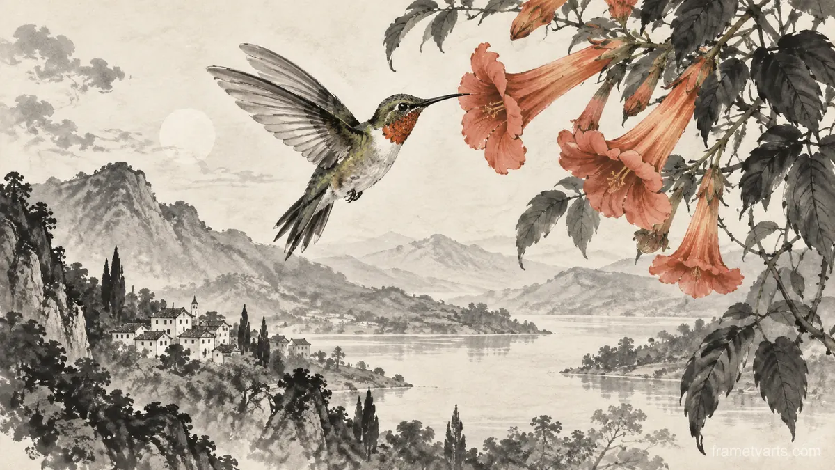 Hummingbird hovering beside trumpet flowers – restrained ink illustration Samsung Frame TV art, 4K