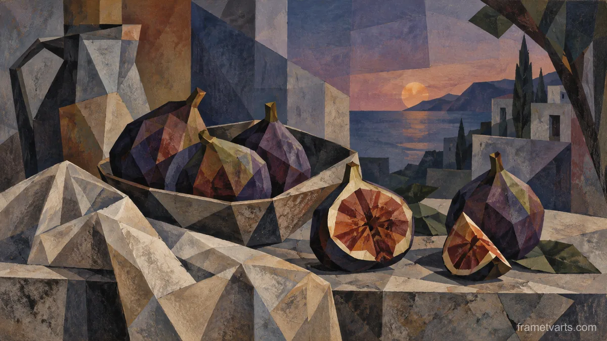 Figs and a linen napkin on a stone table – cubist still life Samsung Frame TV art, 4K