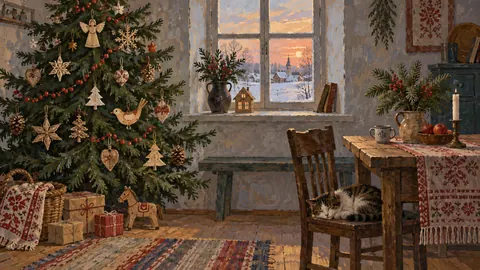 Christmas evergreen with handmade-looking plain ornaments – decorative folk gouache Frame TV art