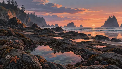 Tide pools scattered across rocky shore – vintage travel illustration without text Frame TV art