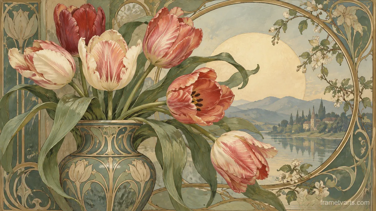 Tulips in an asymmetrical spring arrangement – decorative art nouveau painting Samsung Frame TV art, 4K