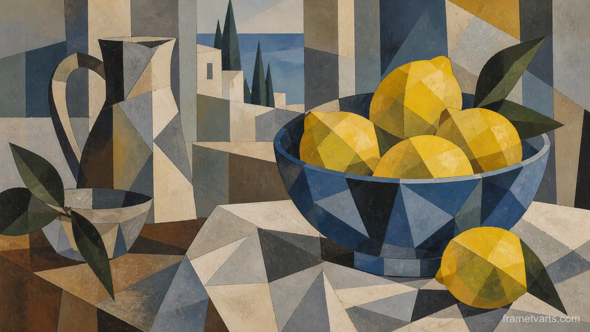 Lemons in a blue ceramic bowl – cubist still life Samsung Frame TV art, 4K