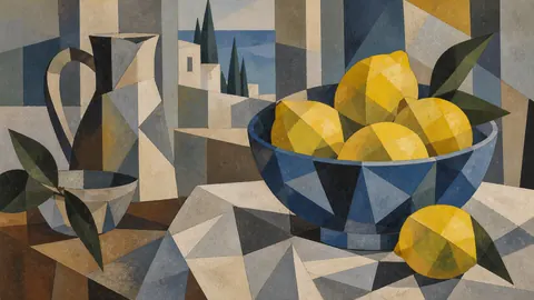 Lemons in a blue ceramic bowl – cubist still life Frame TV art