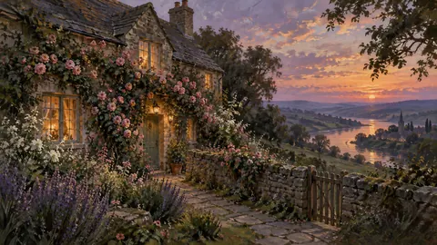 English cottage with a climbing rose garden – atmospheric oil painting Frame TV art