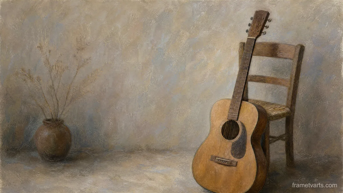 Acoustic guitar leaning against a plain chair – loose pastel drawing Samsung Frame TV art, 4K