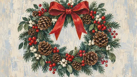 Christmas wreath of pine cones and winter berries – decorative folk gouache Frame TV art