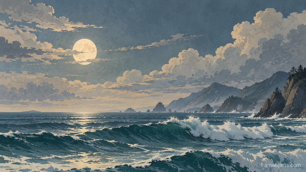 Ocean swell beneath a pale moon – vintage travel illustration without text Samsung Frame TV art, 4K