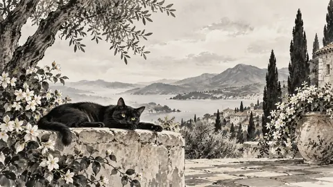 Black cat resting in a sunlit garden – restrained ink illustration Frame TV art