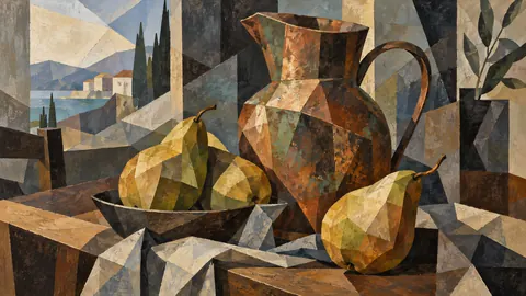 Pears beside a weathered copper jug – cubist still life Frame TV art