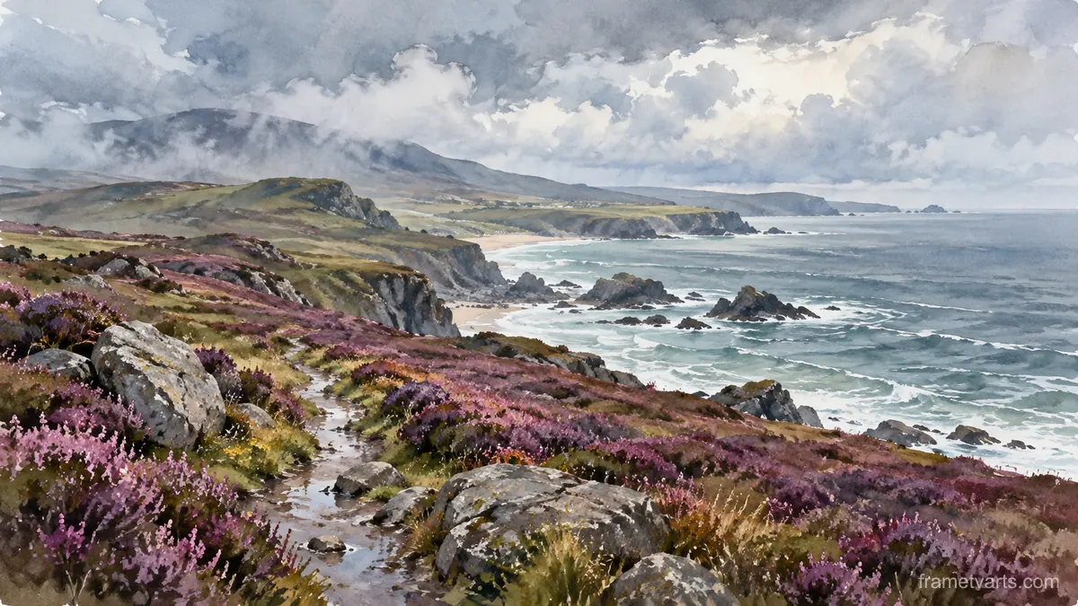 Wild coastal heath after rain – loose watercolor Samsung Frame TV art, 4K