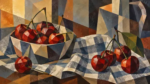Cherries on a folded checked cloth – cubist still life Frame TV art