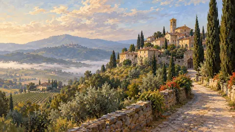 Tuscan-inspired hill village and cypress avenue – atmospheric oil painting Frame TV art