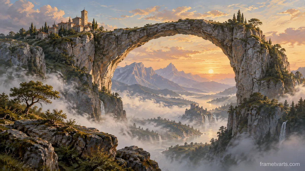 Stone arch suspended over a misty valley – luminous digital painting Samsung Frame TV art, 4K
