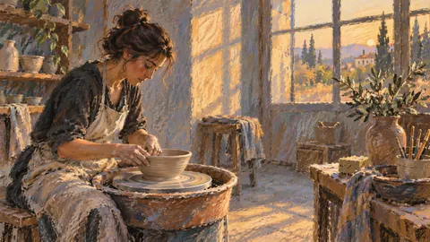 Potter shaping a bowl at a wheel – loose pastel drawing Frame TV art