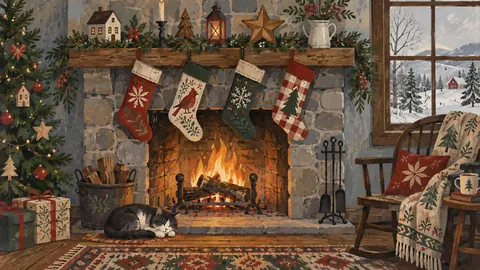 Christmas stockings above a stone hearth – decorative folk gouache Frame TV art